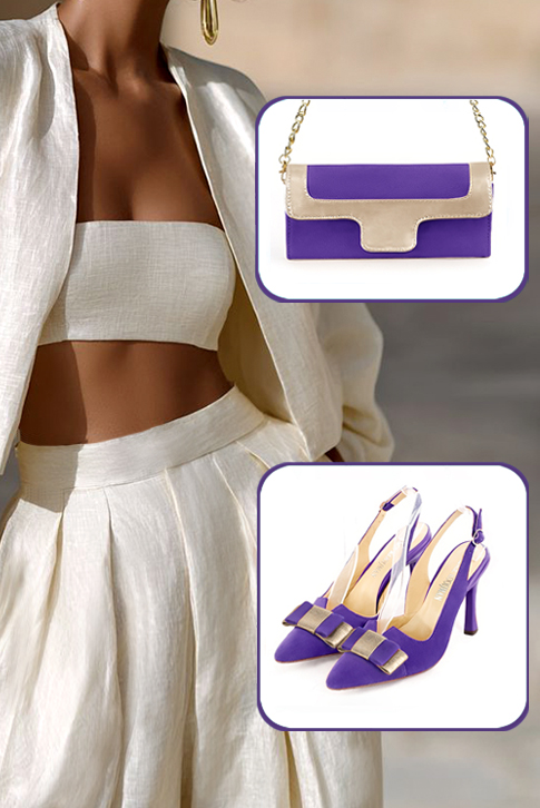 Women's violet purple and gold elegant slingback heels, with a bow on the front. Tapered toe. High spool heels - Worn view